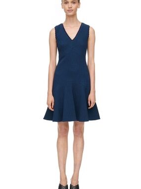 Rebecca Taylor Textured Sleeveless V-Neck Flare Cocktail Dress in Navy Size 8
